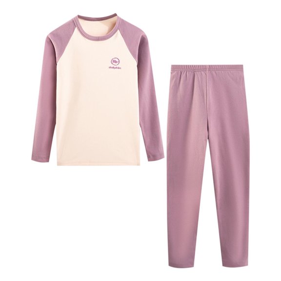 2 Piece Outfits Boys Girls Cotton Thermal Underwear Sets Color Block Long Sleeve Raglan Top and Pant Soft Homewear, 14 Years Purple