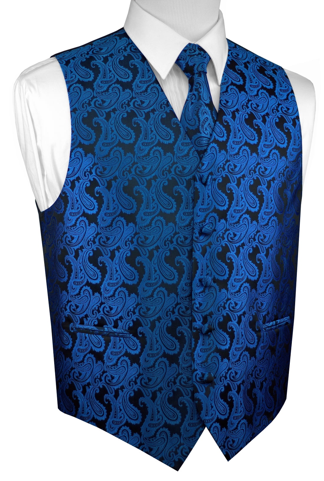 ROYAL BLUE Paisley Tuxedo Dress Vest Waistcoat & Neck tie & Bowtie & Hanky SET
