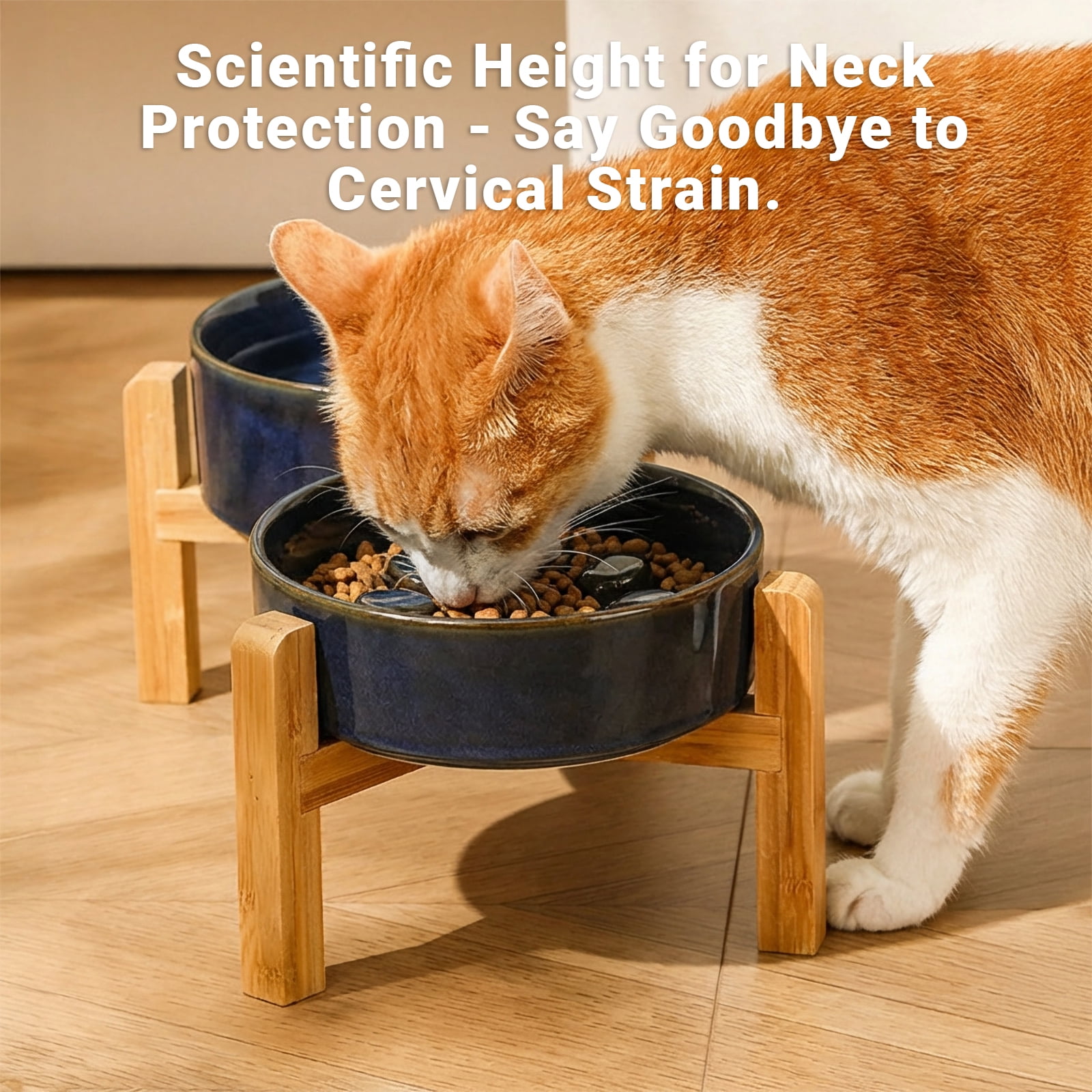 JoyPetto Elevated Slow Feeder & Water Bowl Set, Adjustable Bamboo Stand for Small Dogs & Cats, Ceramic Raised Bowls 27 oz, Dishwasher Safe, Dark Blue