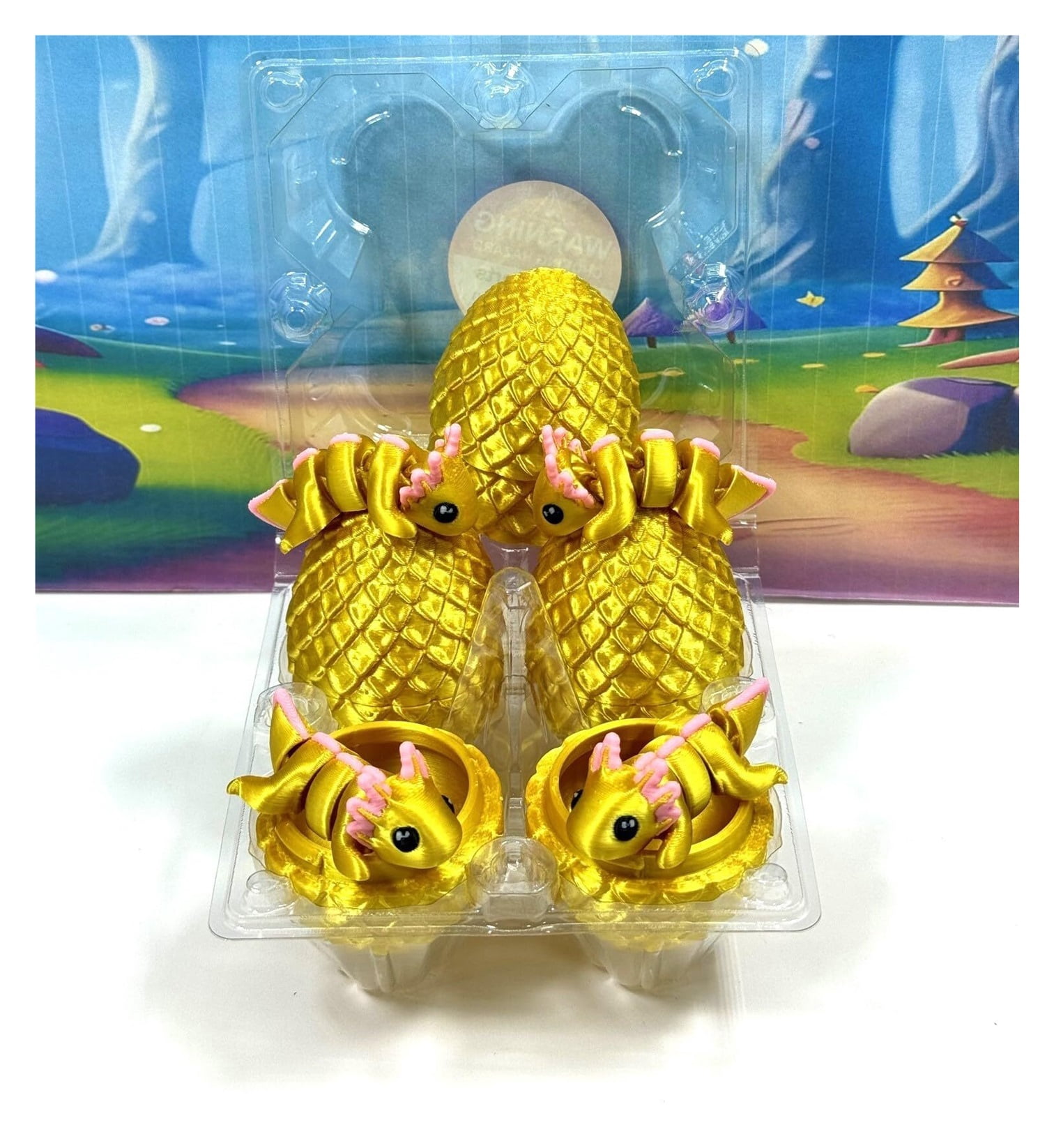 4pcs 3D Printed Articulated Golden Axolotl with Eggs, Fidget Axolotl Fidget Executive Desk  Home Decor