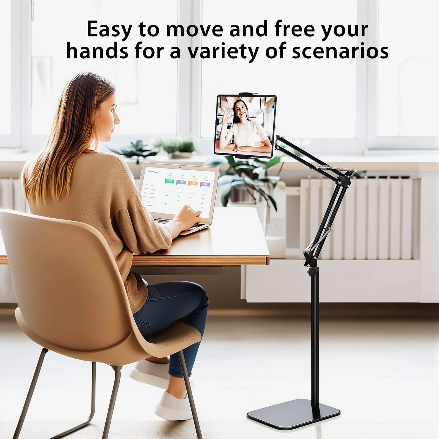 Hanru Tablet Floor Stand, 69" Height Adjustable 360-degree Rotatable Tablet Holder, Arm Stretchable Stand, Overhead Bed Phone Mount（4"~12.9''）