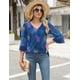 thumbnail image 3 of Camiseta Rapbin de algodón para mujer, manga 3/4, cuello en V, azul con estampado floral, 3 of 5