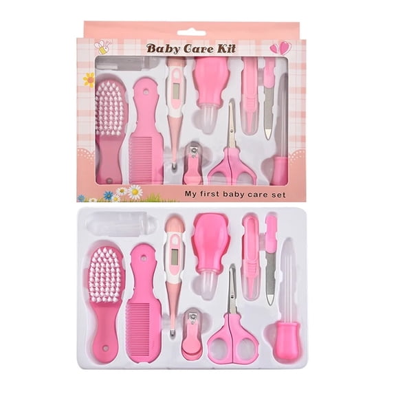 11 in 1 Newborn Nursery Care Set Baby Grooming Kit Baby Nail Clipper Brush Comb Earpick Nose Clean Tool Bath Temperate Tool, for Newborn Infant Girls Boys, Pink