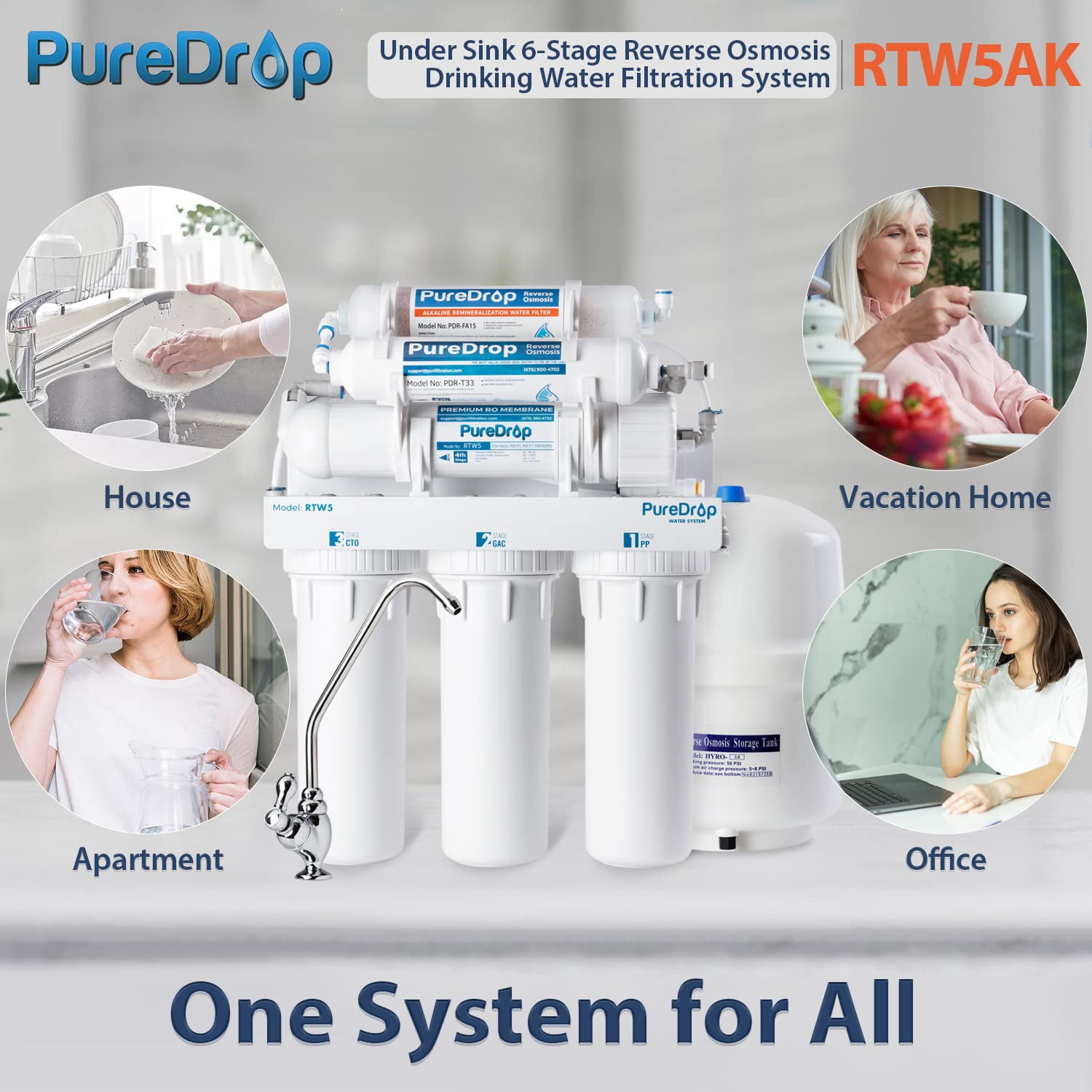 PureDrop RTW5AK Reverse Osmosis Alkaline Water Filtration System, pH+ Alkaline Remineralization RO Water Filter System Under Sink, 6 Stage Under Sink RO Water Filter with Faucet, TDS Reduction