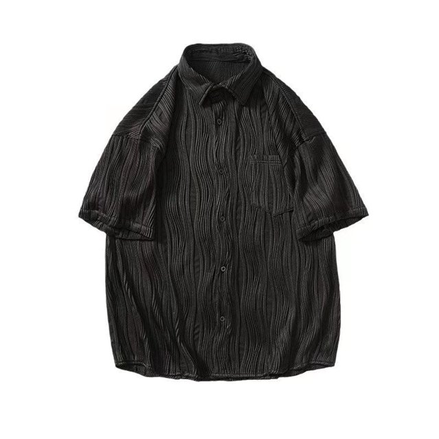 Camisas Para Hombre XXL Blusa de manga corta con bolsillo para hombre, informal, a rayas, con arrugas, a la moda, de verano (Black, XL)