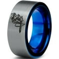 thumbnail image 1 of Tungsten Armor Shield Sword Knight Band Ring 8mm Men Women Comfort Fit Blue Flat Cut Brushed Gray Polished, 1 of 4