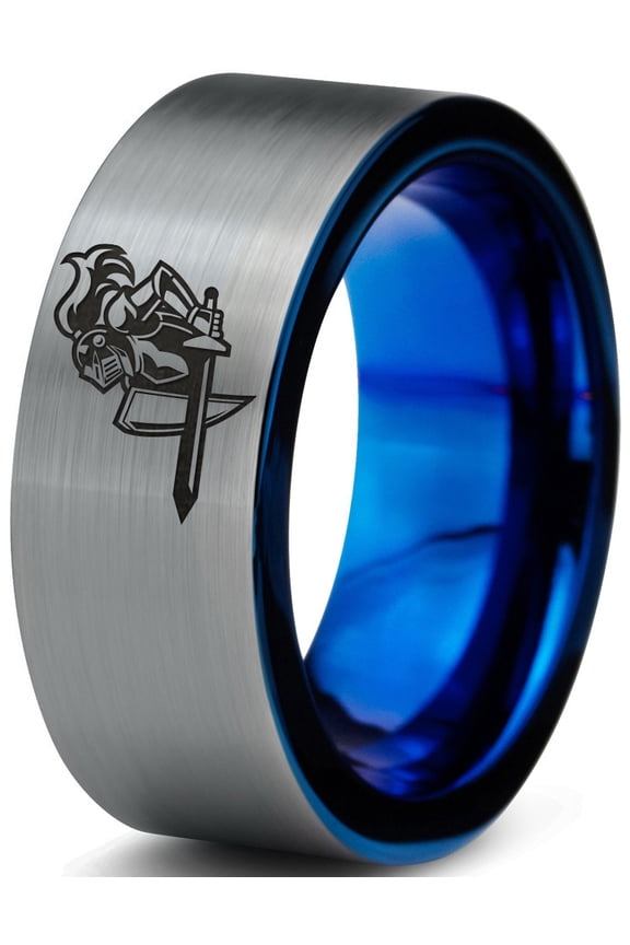 Tungsten Armor Shield Sword Knight Band Ring 8mm Men Women Comfort Fit Blue Flat Cut Brushed Gray Polished