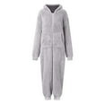 thumbnail image 6 of PXLKNZH Womens Fleece Onesie Plus Size Solid Color Pajamas Jumpsuit Warm Sherpa Romper Sleepwear One Piece Zipper Lounge Hooded Playsuit Gray,L, 6 of 7