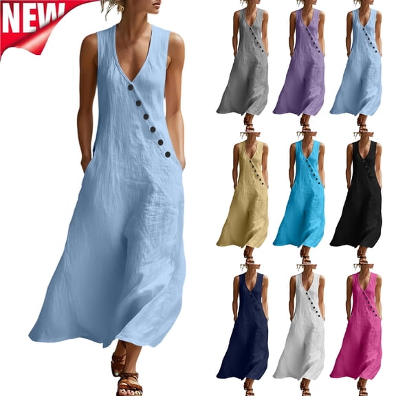 Tqyyweavej Women's Summer Dresses Botton Flowy Deep V Neck Dress Summer Solid Color Maxi Dresses for Women with Pockets Size S to 3XL