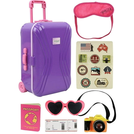 Click N’ Play 18” Doll Travel Carry on Suitcase Luggage 7 Piece Set with Travel Gear Accessories, Perfect for 18 inch American Girl
