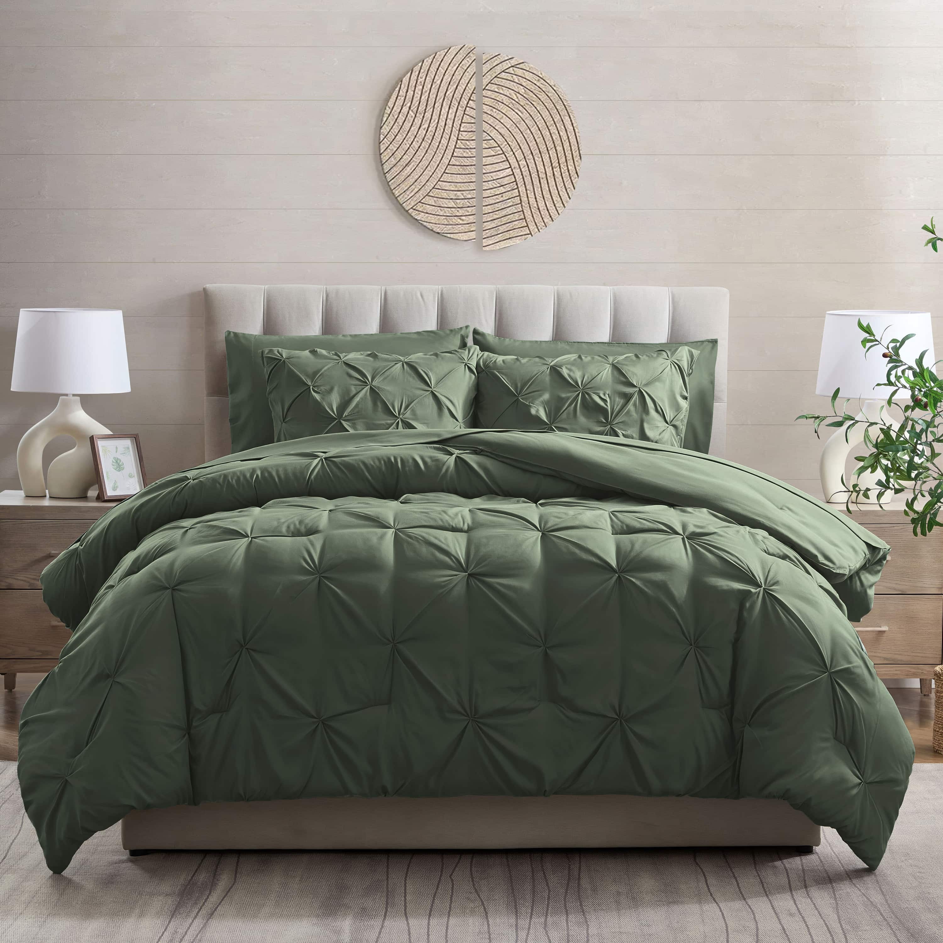 LammaLoe Queen Comforter Set, 7 Piece Bed In A Bag Pintuck Bedding Sets, Olive Green