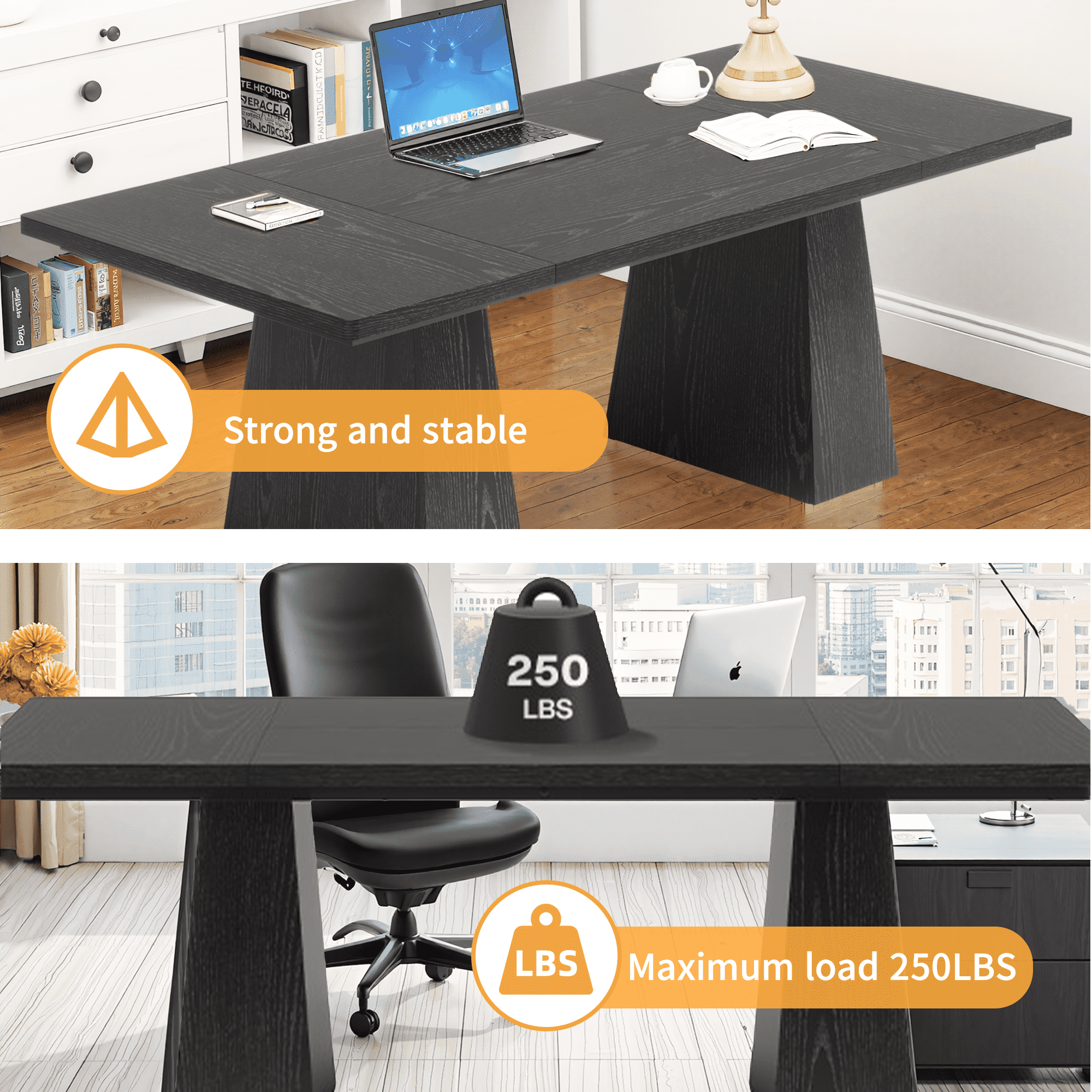 MAYEERTY 63" Executive Desk, Multifunctional Study Writing Gaming Desk with Curved Edges for Home Office