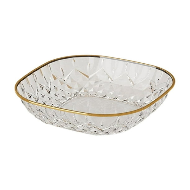 Plato de fruta de lujo para el hogar, bandeja de plástico apto para aperitivos, plato multifuncional para la cena, diseño con borde dorado y textura de joya, solución de almacenamiento apilable para