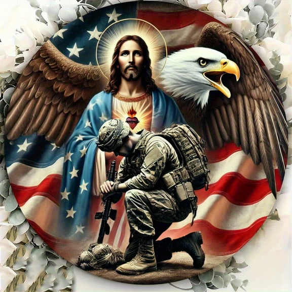 Patriotic 'God Bless Military Soldier, Jesus & Eagle Design - Durable Iron HD 2D Printed Decor for Militarythemed Artwork,