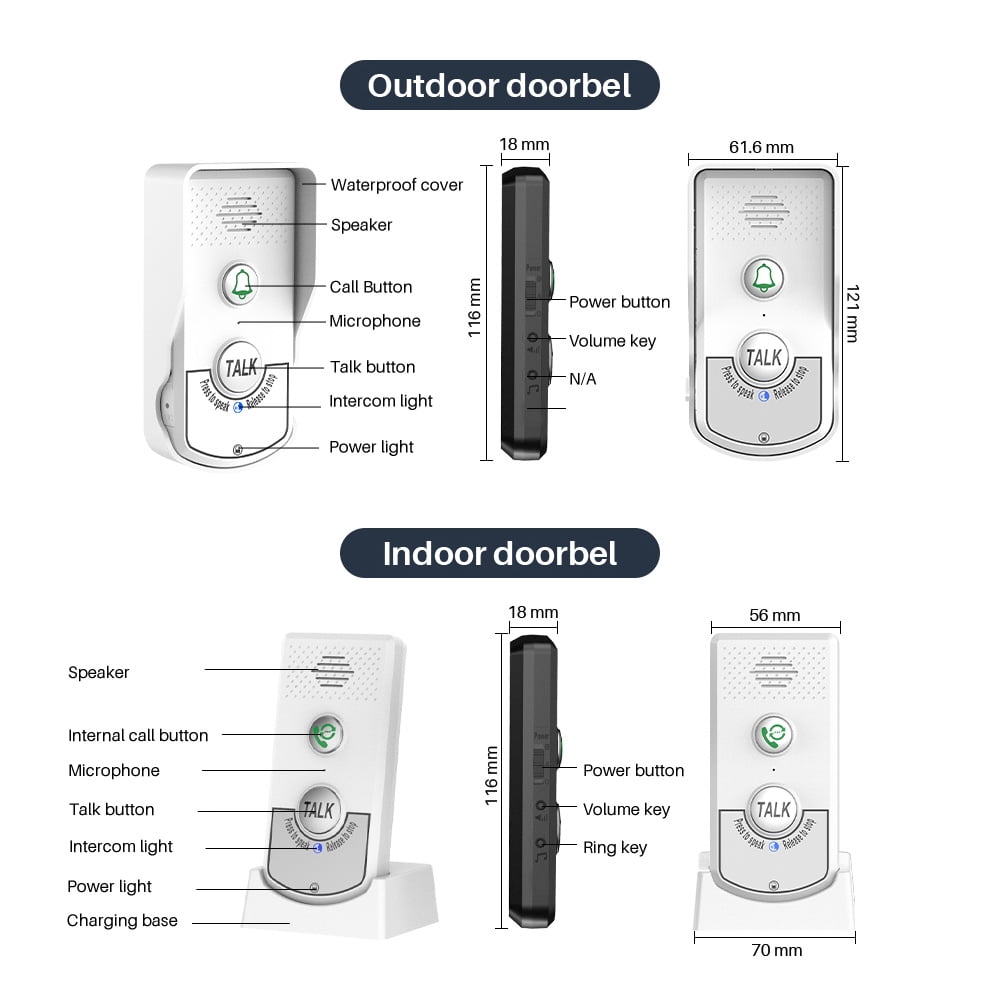 Wireless Doorbell Intercom Rechargeable Smart Intercom Doorbells for Home Real-Time Two-Way Communication 3 Volume Levels 1000m/3280ft Long Distance Waterproof Electronic Doorbell Chime for Home