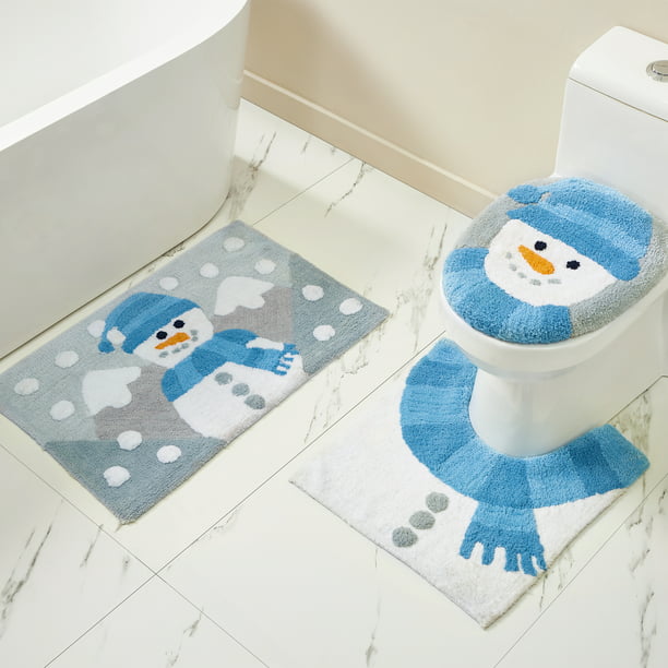 Holiday Time Snowman Blue Cotton/Polyester Bath Rug Set, Non-Slip, 3 Pieces
