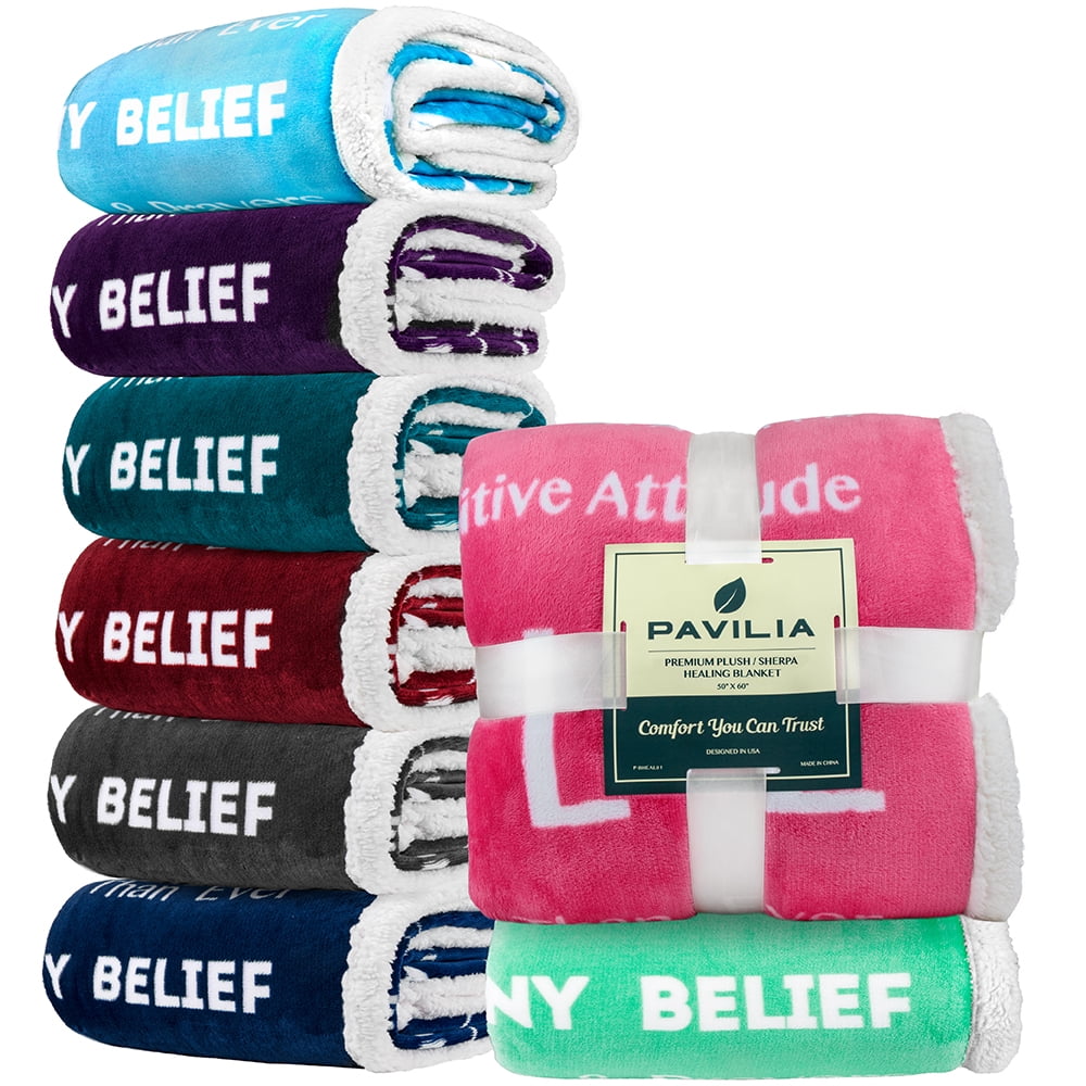 PAVILIA Healing Blanket, Get Well Soon Gift Blanket for Women, Men | Warm Hugs Inspirational Gift, Soft Sherpa Fleece Throw with Positive Energy, Comfort, Love for Recovery (50x60, Navy Blue