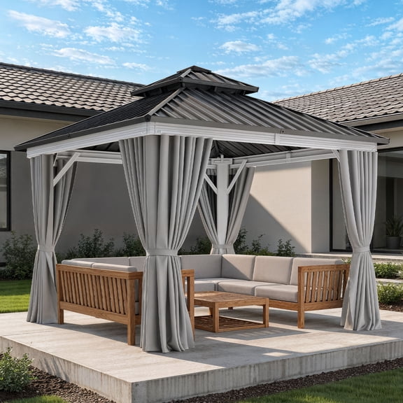 Dextrus 10x10 FT Outdoor Hardtop Gazebo,Outdoor Double Roof Canopy, Aluminum Frame Patio Gazebo with Netting & Gray Curtains, Sunshade for Garden, Patio, Lawns, White&Gray