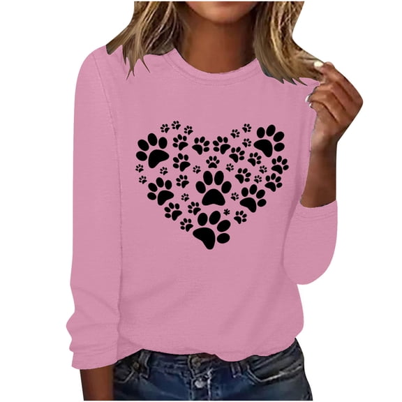 ibuvkizy Sweatshirt for Women Printed Round Neck Pullover Long Sleeved Casual Womens Sweatshirts Pink,S