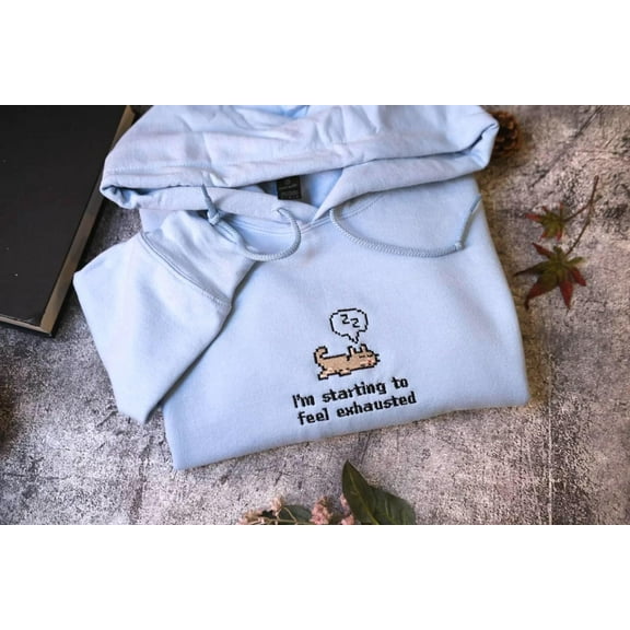 I'm Starting To Feel Exhausted Sweatshirt Stardew Valley, Embroidered Sleepy Cat Sweater, Pixel Art, Gamer Gift, Pelican Town, Cozy