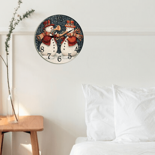 Kurmntregon Christmas Wall Clock Happy Snowmen Play Musical Winter Xmas Holiday Wooden Silent Non-Ticking Desk Clock Decorative For Living Room Home Office School Kitchen Wall Decoration Round 10"