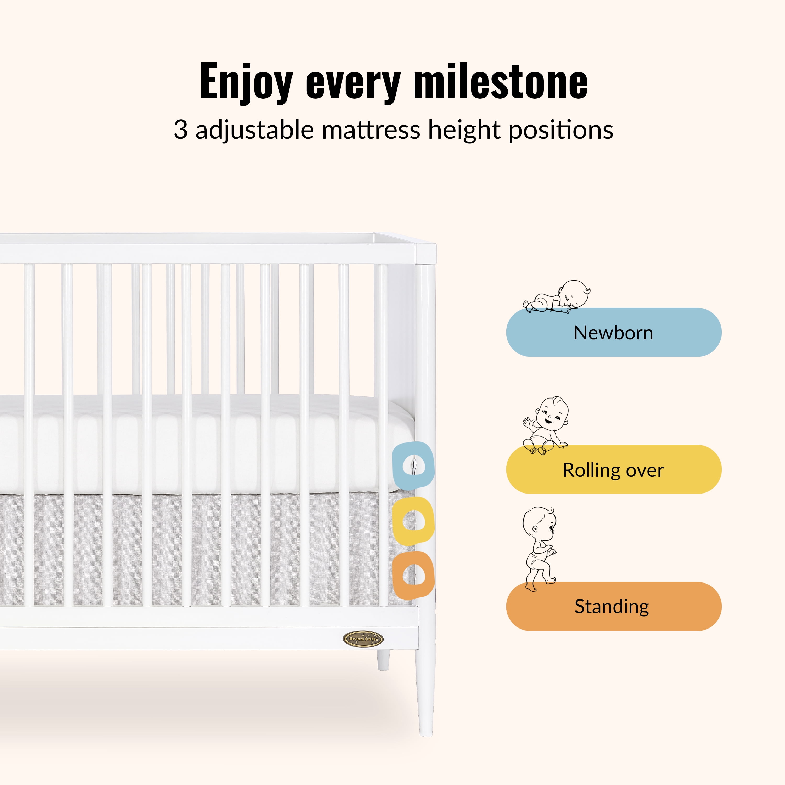 Dream On Me Clover 4 In 1 Modern Island crib With Rounded Spindles I Convertible Crib I Mid- Century Meets Modern I Coordinates With The Clover Changing Table In White Finish