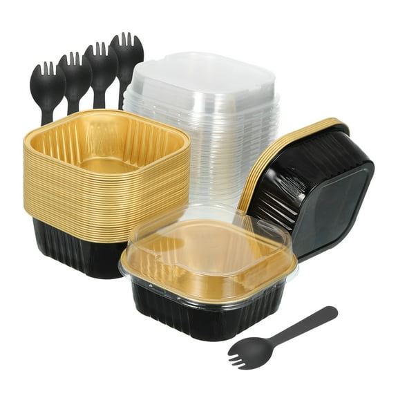 40Pack 10oz Disposable Mini Cake Pans with Lids and Spoons for Baking Cupcakes Black Gold