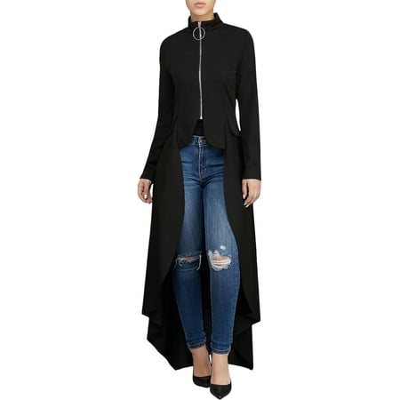 Women Long Dovetail Gothic Trench Coat Front Zipper Up Tailcoat Jacket