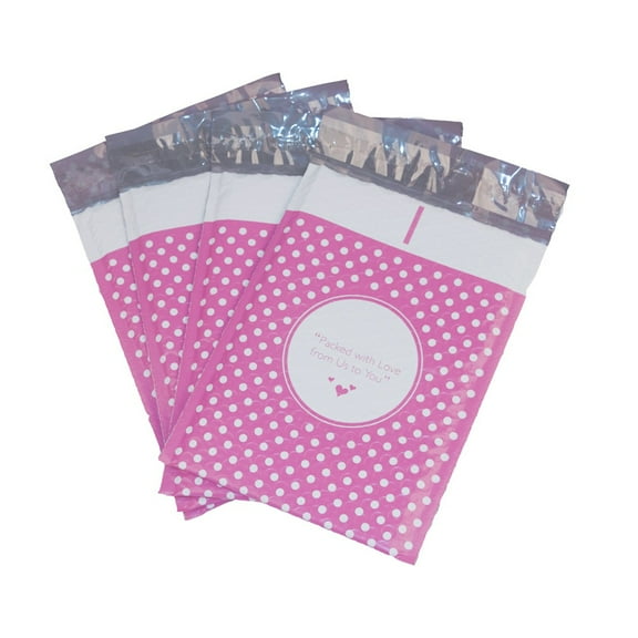 ProLine® "Packed with Love from Us to You" Pink Dot Poly Bubble Shipping Mailers 8.5" x 12" (400 Mailers)