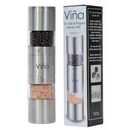 Stainless Steel Salt Pepper Mills - Vina 2 in 1 Stainless Steel Salt and Pepper Shaker Mill Spice Grinder with Adjustable Coarseness