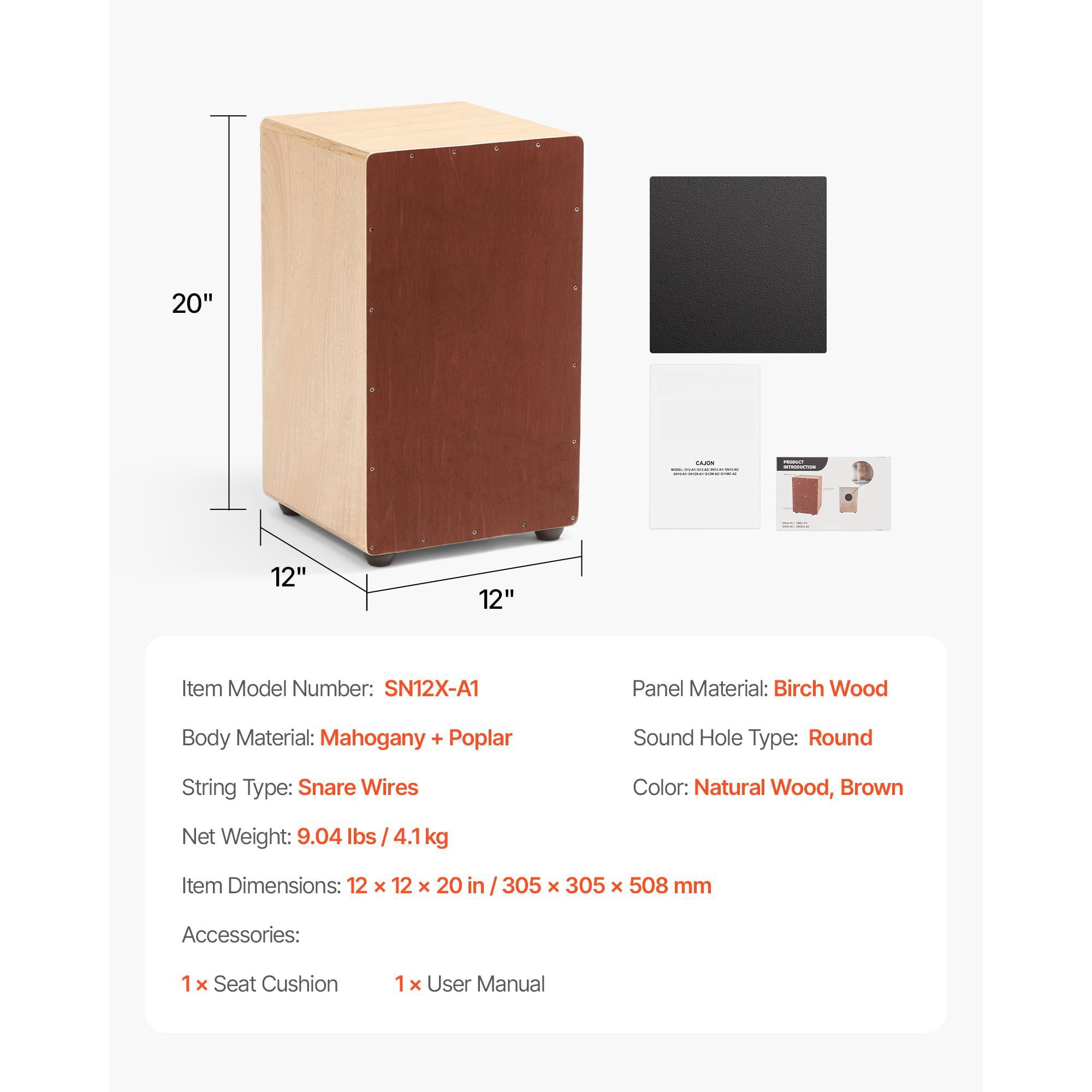 Large Cajon Box Drum Wooden Birchwood Percussion Instrument with Snare Wires