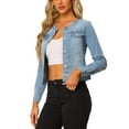 thumbnail image 5 of INSPIRE CHIC Women's Button Down Collarless Long Sleeve Cropped Denim Jacket M Light Blue, 5 of 8