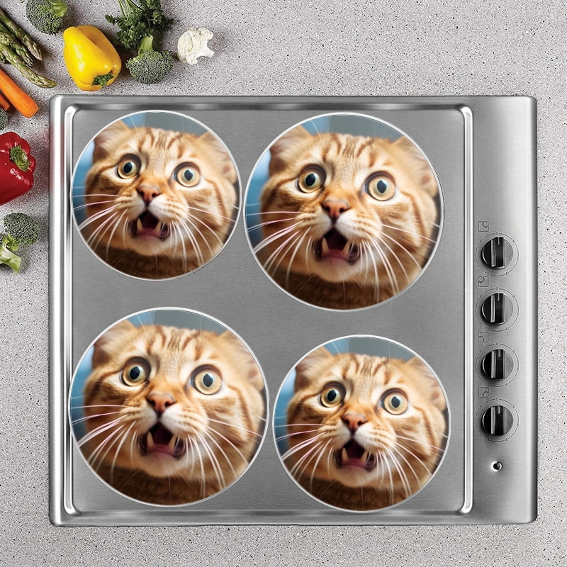 BaHomeck Electric Stove Burner Covers Set of 4,Round Metal Gas Stove Burner Covers 8 Inch and 10 Inch,Kitchen Decor,Ginger Cat Looking Shocked And Surprised