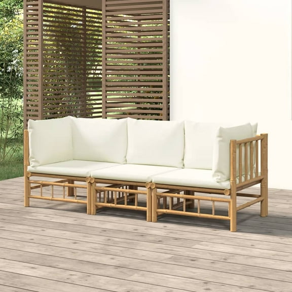 vidaXL 3 Piece Patio Lounge Set with Cream White Cushions Bamboo