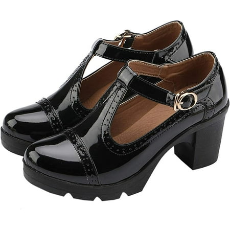 

Women s Classic T-Strap Platform Mid-Heel Square Toe Oxfords Dress Shoes