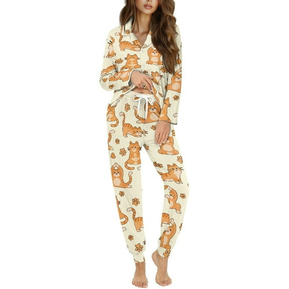DISNIMO Womens Pajama Sets Cat Paw Printed Long Sleeve Top with Long Pants 2 Piece Pjs Comfy Lounge Set V Neck Button Down Sleepwear, (Available in Plus Size)