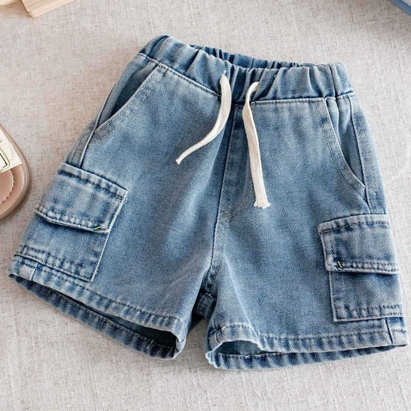 Boys Cargo Denim Shorts Elastic Waist with Drawstring Light Wash Blue Play Shorts Durable Stretch Comfort 2-12 Years,Size 2-3 T