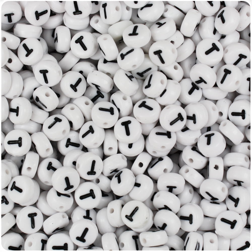 Beadtin White Opaque 7mm Coin Plastic Alpha Beads - Black Letter U (100pcs), Size: 7 mm