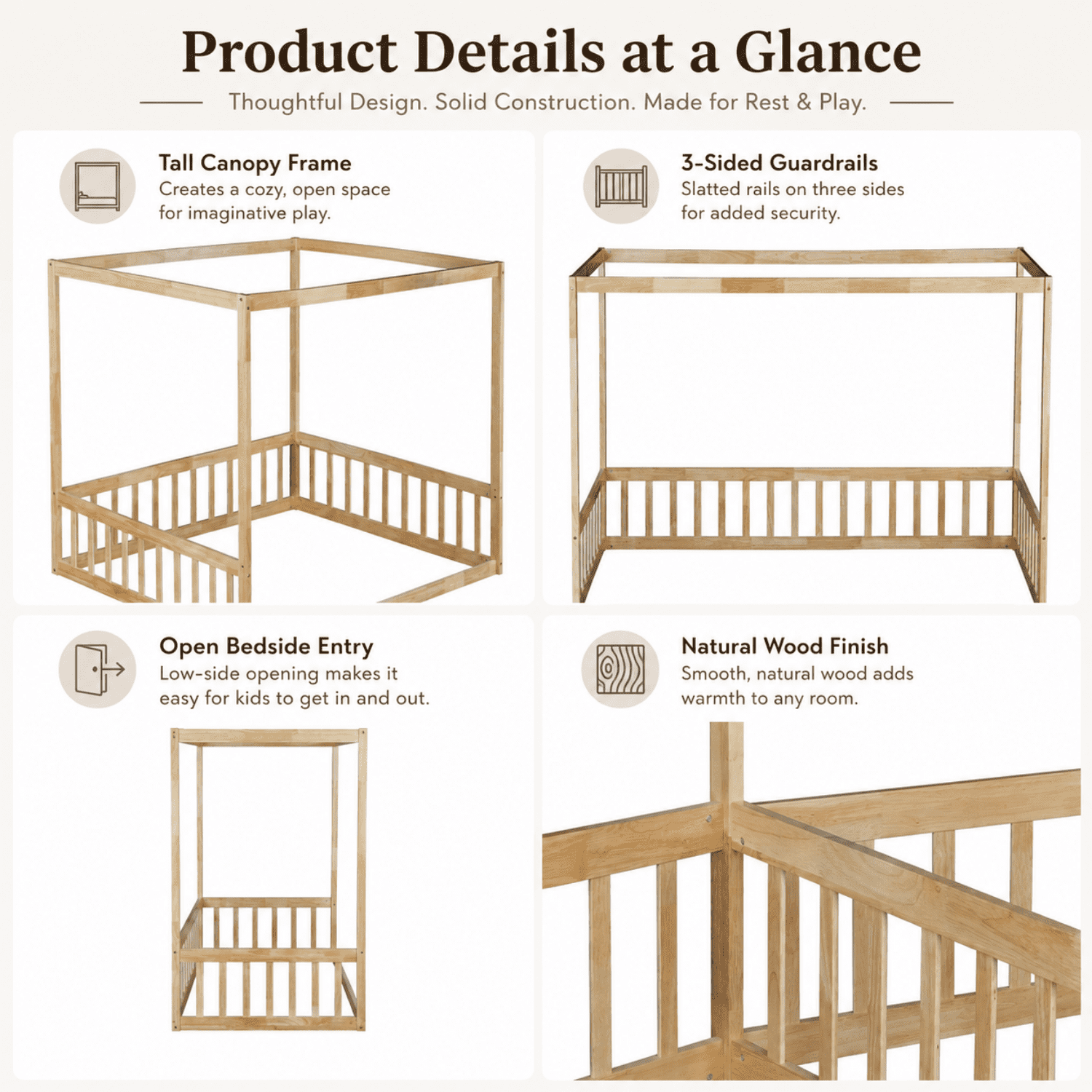 Miniyam Wood Twin Size Canopy Floor Bed with Guardrails for Kids and Teens, Natural