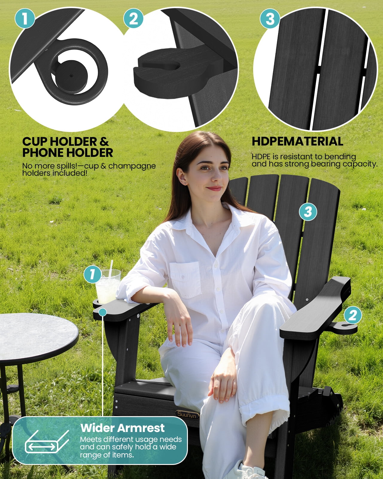 Folding Adirondack Chair set of 6, HDPE All-Weather Lawn Chair with 2 Cup Holder, Patio Garden Outdoors Fire Pit, Black