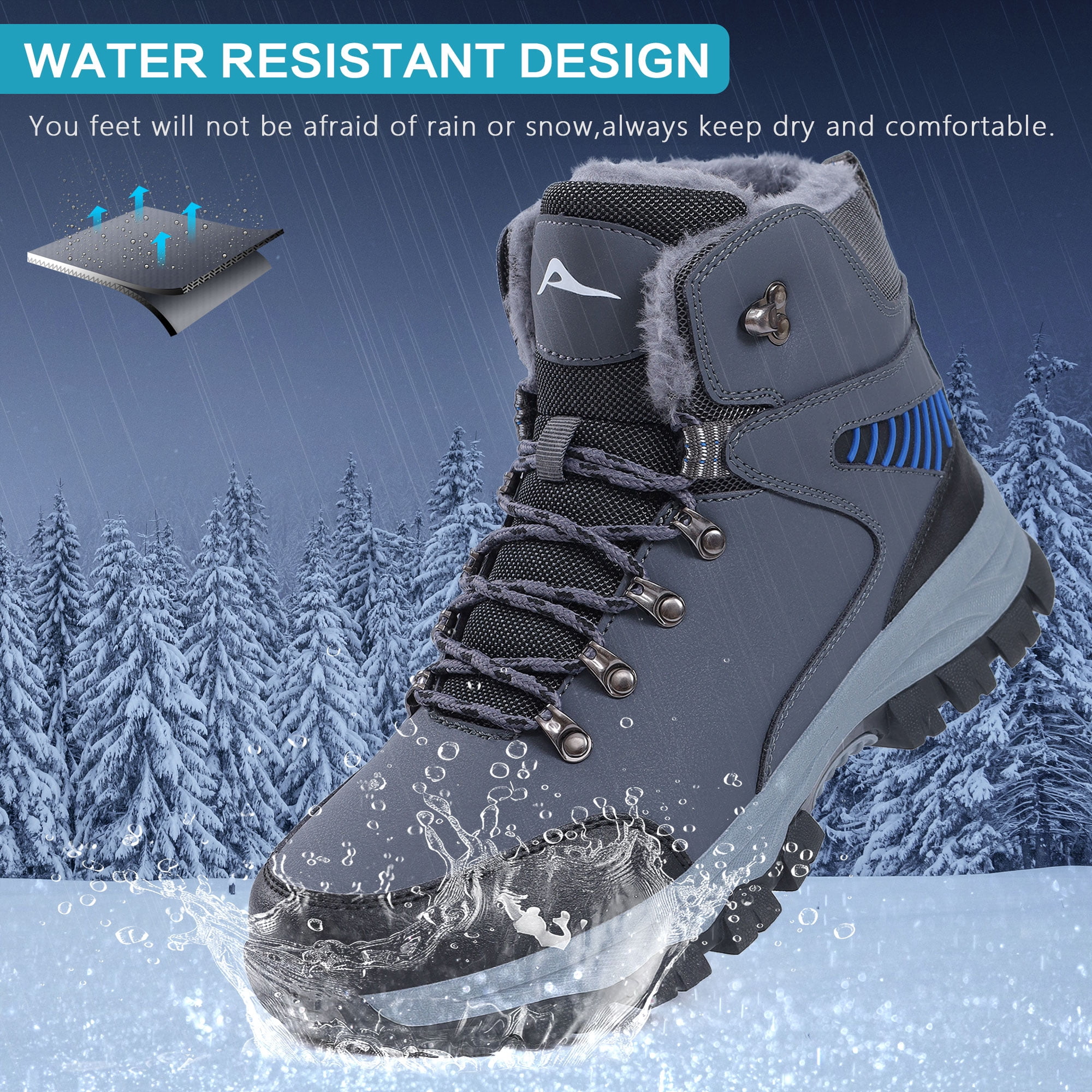 Ecetana Snow Boots for Men Winter Warm Ankle Boots Non-Slip Waterproof Outdoor Hiking Shoes