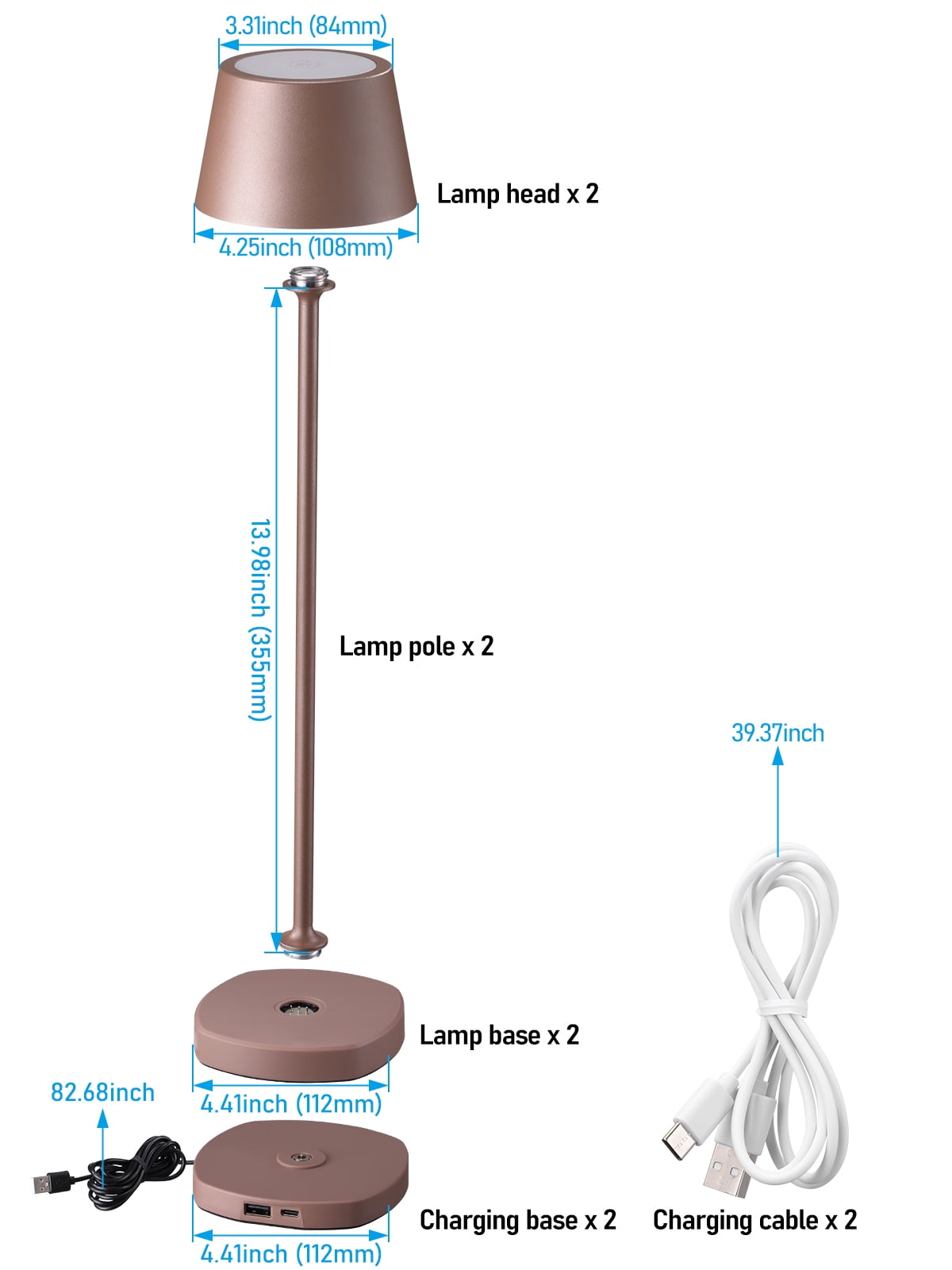 2 Pack Rechargeable Cordless LED Table Lamp, Dimmable Desk Lamp for Restaurant, Base Contact Charging, Brown
