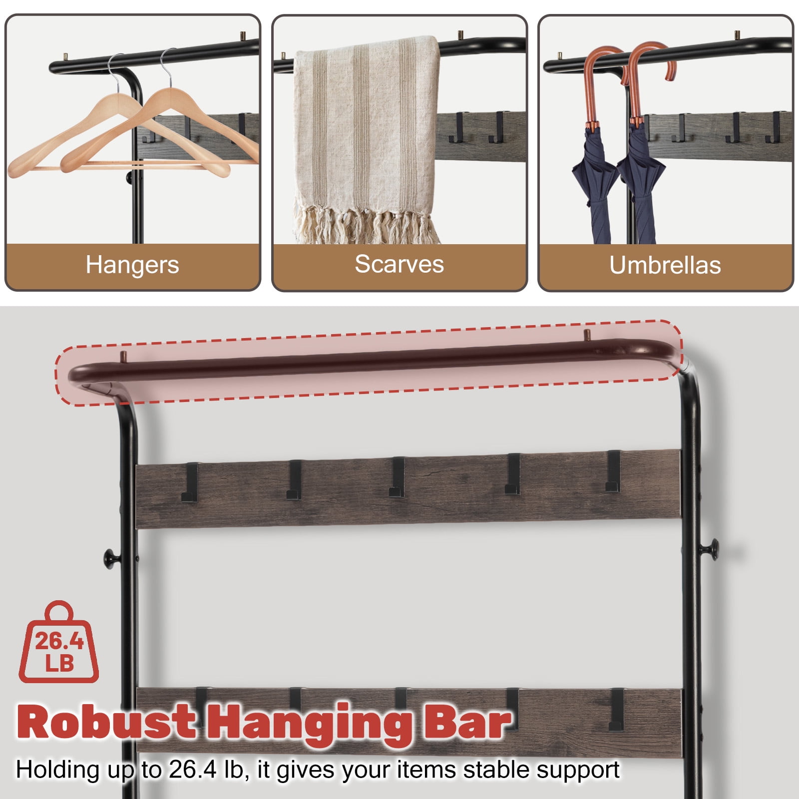 TrumanPick 4-in-1 Coat Rack, Hall Tree with Bench and Shoe Storage, Entryway Bench with Coat Rack, with 9 Removable Hooks & Hanging Rod, 13.3 x 28.3 x 72.1 Inches, Brown