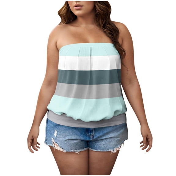 ZQUUVOU Women's Plus Size Striped Bandeau Tank Top Loose Stretch Cotton Ribbed Tube Top Round Neck Casual Blouse Mint Green