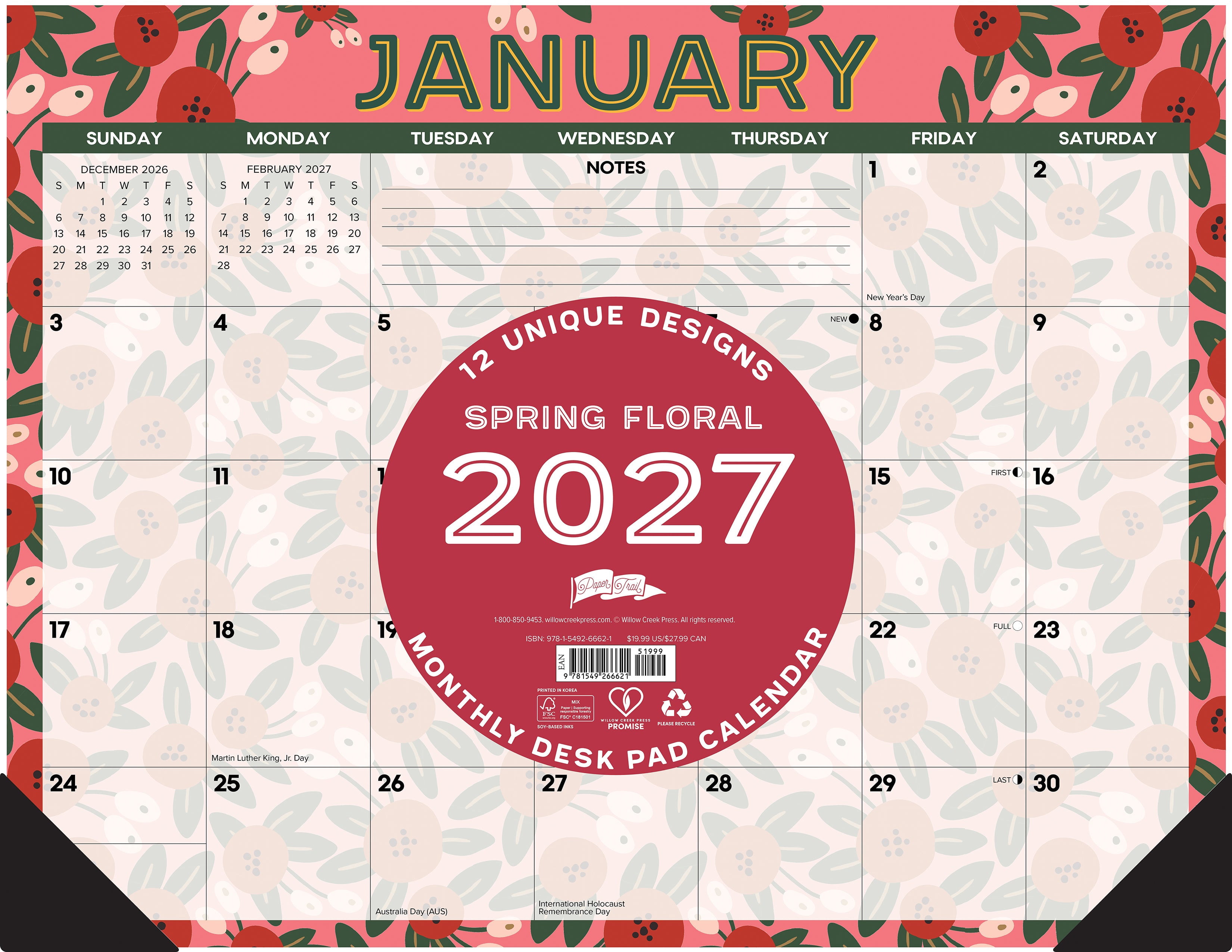 Willow Creek Press Spring Floral 2027 22" x 17" Large Monthly Deskpad (66621)