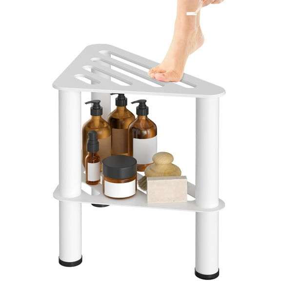 WINSTECK Tabouret de Coin en Métal pour Douche, Repose-Pieds pour Douche avec Étagère de Rangement, Petits Marchepieds, Imperméable