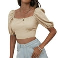 thumbnail image 3 of Xuanfei Women Solid Color Square Neck Puff Sleeve Backless Strap Lace Up Crop Top, 3 of 5