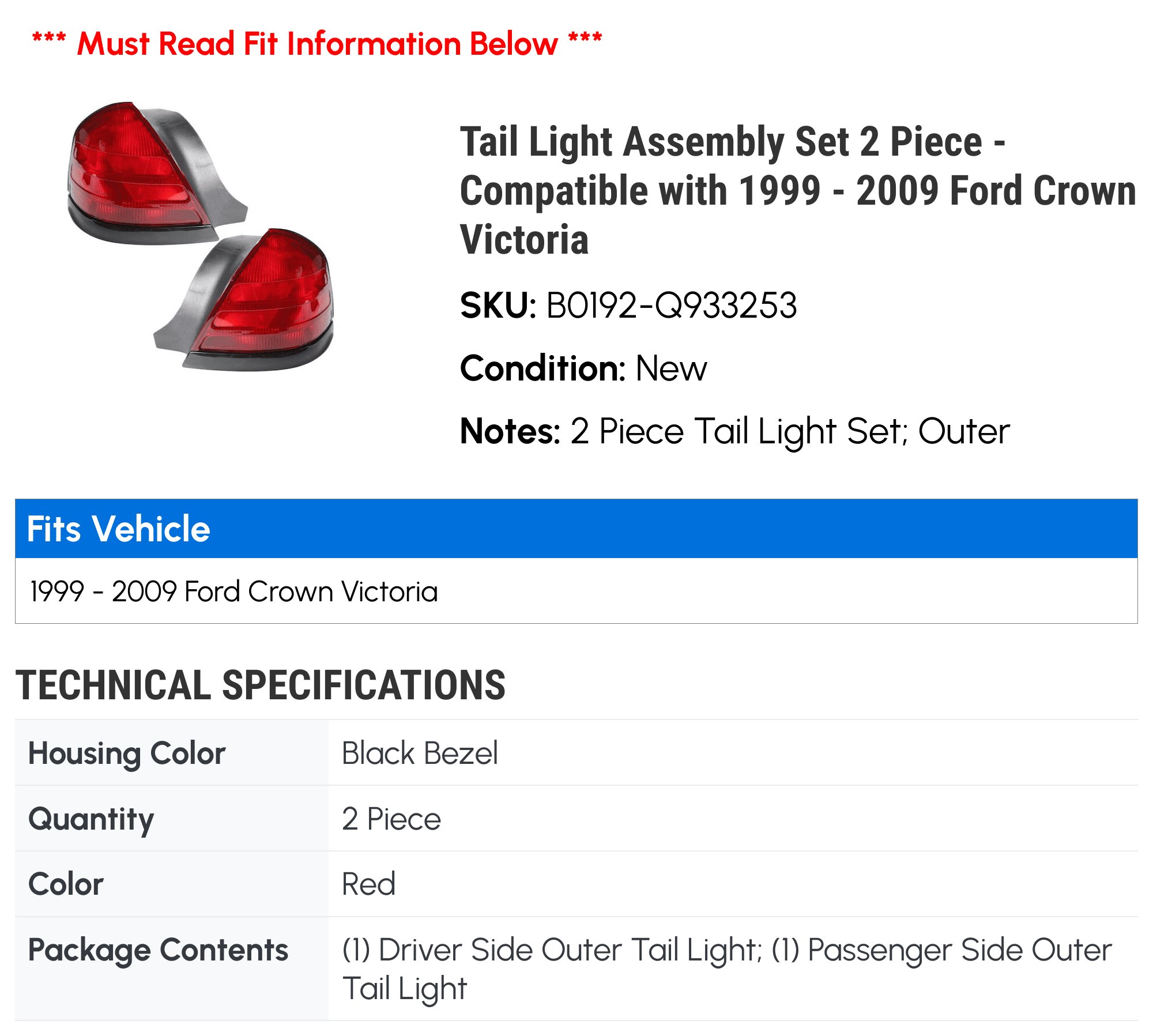 Tail Light Assembly Set 2 Piece - Compatible with 1999 - 2009 Ford Crown Victoria 2000 2001 2002 2003 2004 2005 2006 2007 2008
