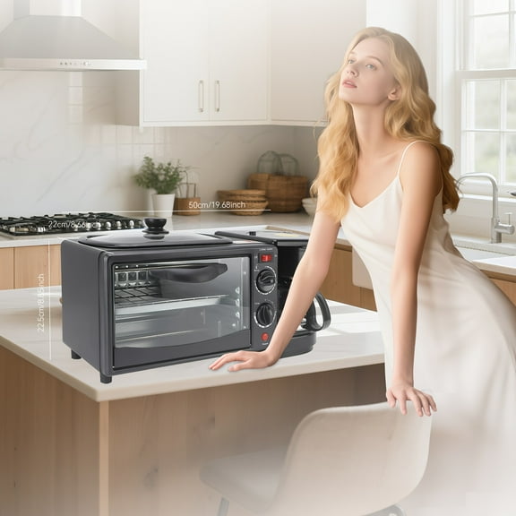 3-in-1 Breakfast Station with Semi-Automatic Operation - Compact All-in-One appliance with Timer, Grill/ Bake/ Toast Functions, Large Heating Element - Space-Saving Design for Home, Kitchen