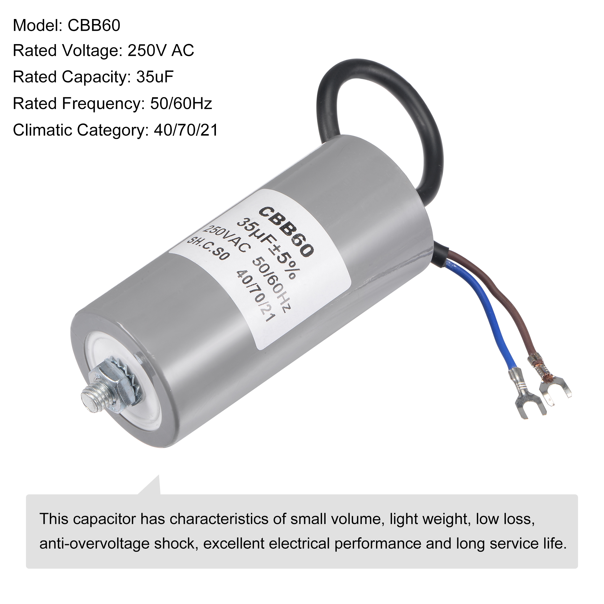 Uxcell 35uF 250V AC 50/60Hz 2 Wires w Fixing Stud, Terminal CBB60 Run Capacitor